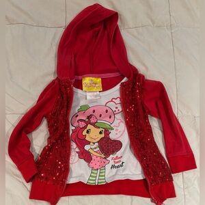 Vintage Strawberry Shortcake Red Sequin 1-piece Zip up Jacket Shirt Girls Size 3